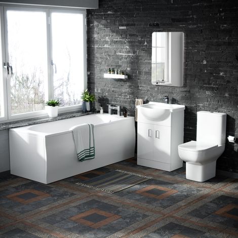 Warton Round Single End Straight Bath, 550mm Flat Pack Vanity Basin Unit, WC Unit & Close Coupled Toilet White (1/5)