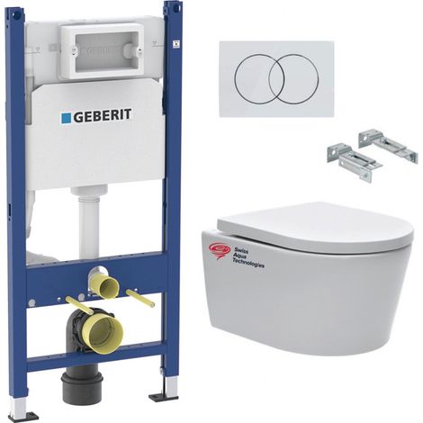 lot de 4 Packs bati-support Geberit 112cm + Cuvette Swiss Aqua Technologies sans bride + Plaque blanche (SATrimlessGeb3-GVP04)