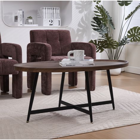 Tavolino da salotto in MDF marrone 110 cm, ovale, con struttura in metallo nero (1/5)