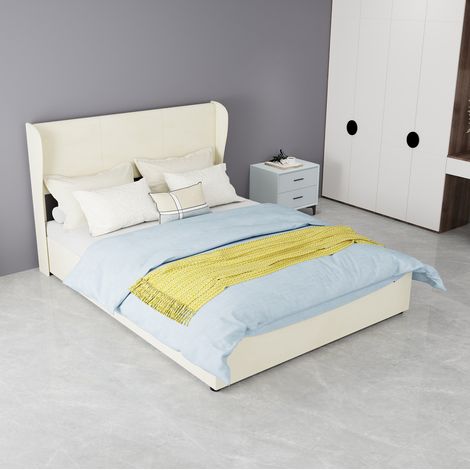 Letto matrimoniale 140x200 cm in tessuto beige con contenitore a gas, senza materasso – MEUBLIV (1/5)