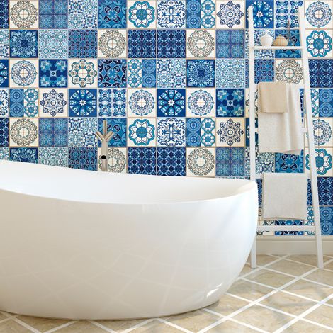 Sticker Mural Carrelage adhésif Cuisine Salle de Bain - 24 STICKERS CARREAUX DE CIMENT AZULEJOS AZZURRA - 24stickers10x10cm (1/5)