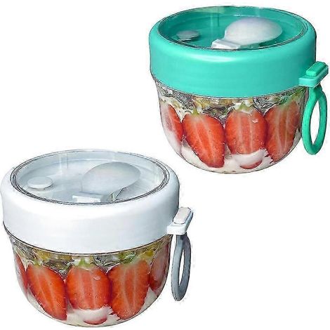 Tragbarer 600-ml-Frühstücksbecher mit Deckel und Löffel, transparenter Behälter für über Nacht zubereiteten Porridge, geeignet für Joghurt, Salat und Meal Prep. (1/5)