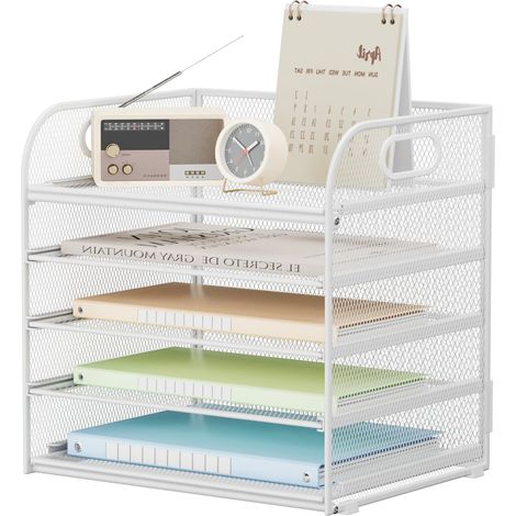 Organiseur de Bureau à 5 Niveaux - Porte-Documents empilable avec poignée - Fournitures de Bureau pour Documents A4, Papier, Livre, Magazine - Blanc (1/5)