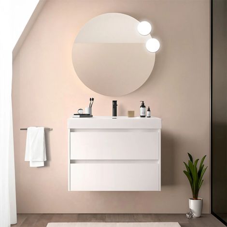 Mobile bagno sospeso 80 cm bianco lucido con due cassetti e lavabo in resina Gaya (1/5)