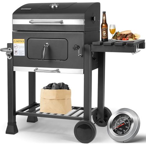 Tlgreen – Barbecue charbon de bois noir XL avec couvercle et thermomètre – Grille inox 54x41cm – Roues pour déplacement facile – Barbecue fumeur (1/5)