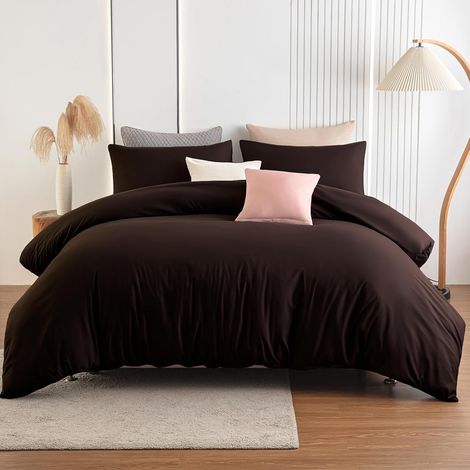 Parure de lit 2 pièces en microfibre infroissable - Marron - Housse de couette 220 x 240 cm et taie d'oreiller 80 x 80 cm - Avec fermeture éclair (1/5)
