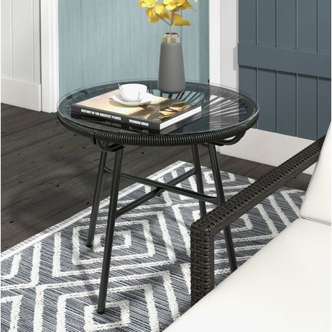Table d’appoint de jardin en PE rotin noir, carrée, plateau en verre trempé, style bohème (1/5)