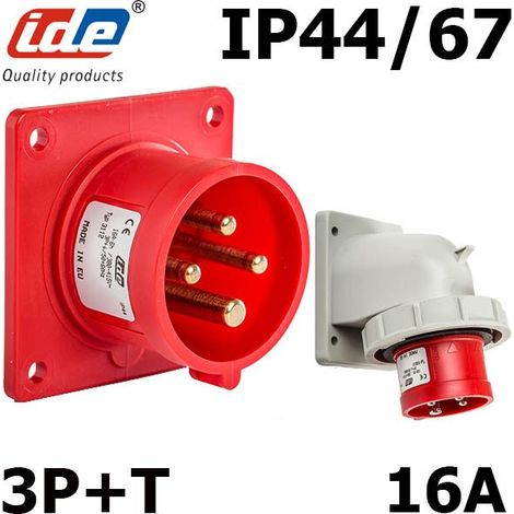 Prise mâle 3P+T 16A étanche IP44 ou IP67 à encastrer sur coffret - Étanche IP67 ou IP44 - IP44 - Embase mâle 3P+T - 16A - 380V (1/2)