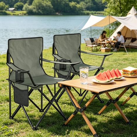 Lot de 2 chaises pliantes extérieures avec support verre, siège de pêche confortable, fauteuil de plage pour camping