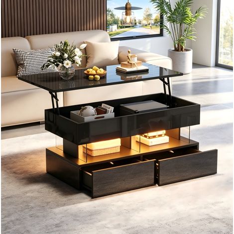 Mesa de centro elevable de 100x50x46 cm con almacenamiento oculto, 2 cajones, LED USB y tablero de MDF negro brillante (1/5)