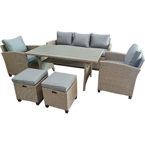 Set pranzo brandy, in acciaio e polyrattan, divano, 2 poltrone, 2 pouf , tavolo con top in polywood