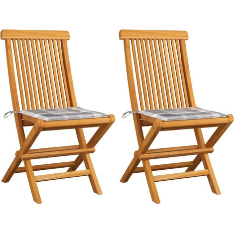 Gartenstühle Graue Karomuster-Kissen 2 Stk. Massivholz Teak (1/5)