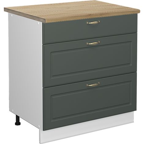 Mueble bajo de cocina Fame-Line, Verde dorado Casa de campo, 80 cm con 3 cajones, ET Roble, Vicco