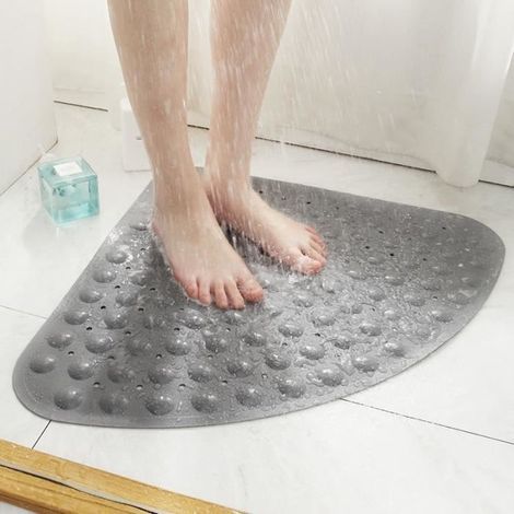 Rutschfeste, massierende, antibakterielle Duschmatte, dreieckige Form mit Abflussloch für Dusche oder Badewanne, 54 x 54 cm, grau (1/4)