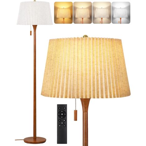 Lampadaire bois dimmable avec télécommande, LED 12 W 1100 lm, Noyer 3000–6500 K, abat-jour 2-en-1 en lin plissé, tirette, câble dissimulé et pied lesté en bois massif pour salon et chambre (1/5)