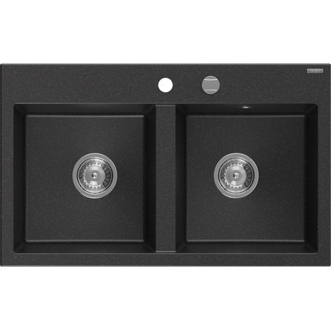 Mexen Hektor évier en granit 2 bacs 800 x 480 mm, noir/métallisé argent, siphon chromé - 6521802000-73 (1/5)