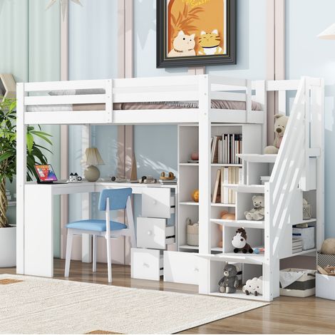 Lit mezzanine enfant 90 x 200 cm blanc en pin avec bureau et rangements intégrés (1/5)