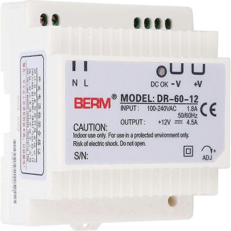 Alimentation DinRail BERM DR6012, tension d'entrée 100-240VAC, sortie industrielle monophasée, équipement stable pour armoires électriques, bloc d'alimentation compact. (1/4)