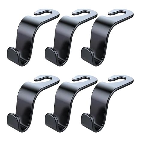 6 x Car Seat Back Hooks, 360° Rotatable Car Bag Holder, Black Plastic, Universal Hanger for Bags, Clothes, Toolboxes and Umbrellas (1/5)