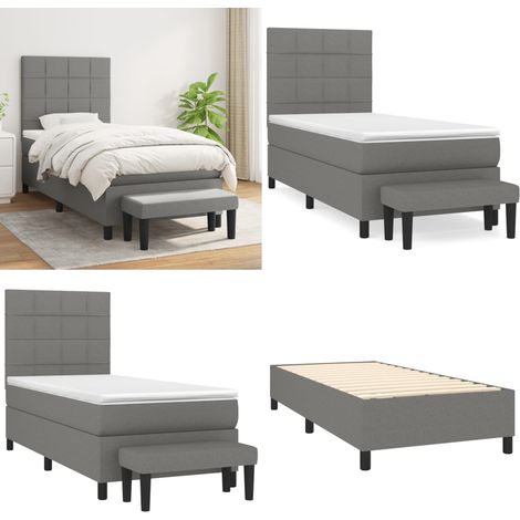 Cama box spring con colchón tela gris oscuro 90x190 cm - Colchón de muelles - Cama con cabecero ajustable