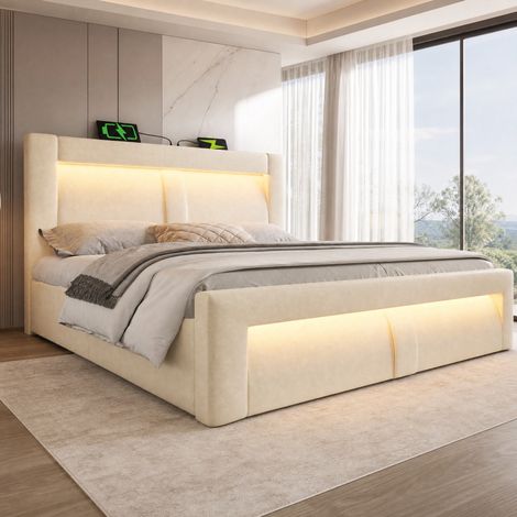 Letto matrimoniale 180x200 cm con contenitore idraulico, LED, USB e Type-C, velluto beige (1/5)
