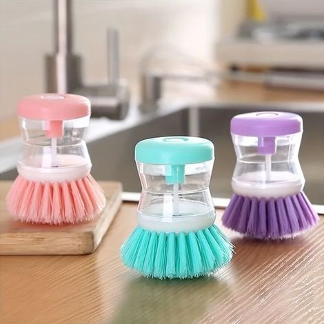 Set aus 3 tragbaren Küchenreinigungsbürsten mit ergonomischen Griffen und weichen Borsten zur Verwendung auf Geschirr, Küchenutensilien und im Freien.