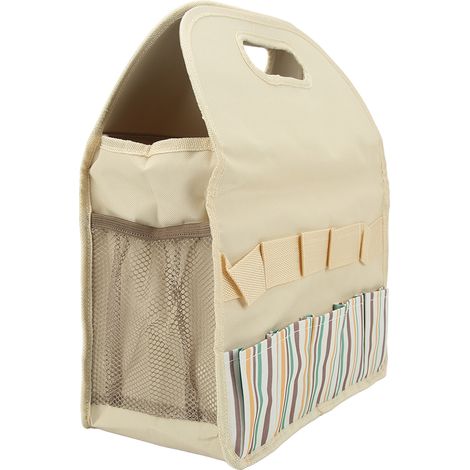 Sac fourre-tout pour outils de jardinage, grand format, en tissu Oxford beige à rayures colorées, avec poches profondes, idéal pour ranger vos outils de jardin.