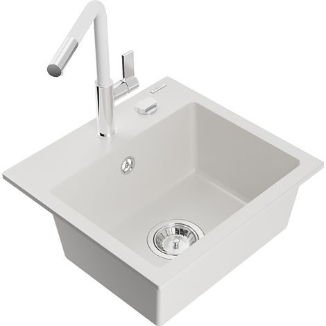 Mexen Milo lavello in granito a una vasca con miscelatore cucina Flora, bianco - 6505-20-670401-02 (1/5)
