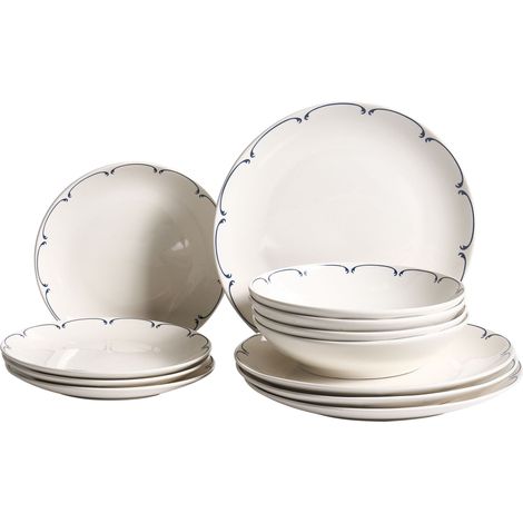 Service de Vaisselle en Porcelaine 12 Pièces avec Bordure Décorative Finition Émail Transparente Blanc et Bleu Charoli