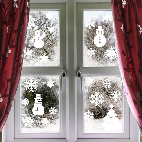 Stickers électrostatiques 30 flocons 3 bonhommes de neige et 1 sapin - Autocollants adhésifs fenêtres noël - décoration fêtes (1/4)