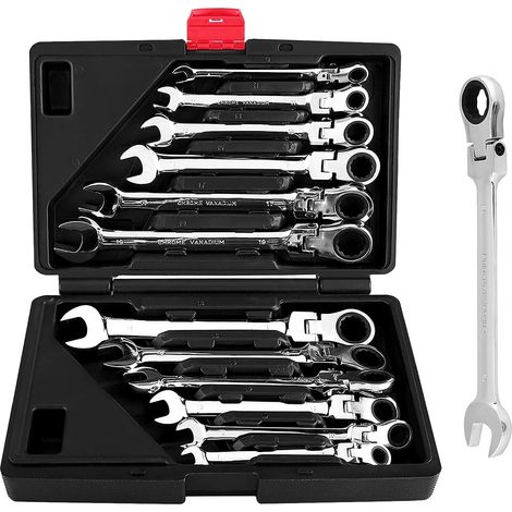 Lot de 12 Clés à Cliquet Mixtes, Acier au Chrome Vanadium, 8-19 mm, Tête Flexible, 72 Dents, pour Réparation Automobile et Bricolage