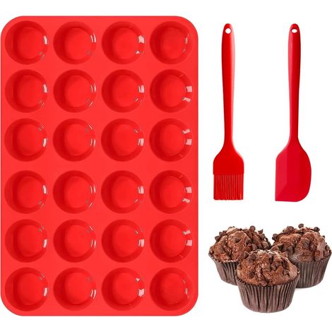 Moule Silicone Patisserie pour Muffins et Cupcakes - 24 Cavités avec Spatule et Pinceau à Huile, pour Brownies (32×22×2.5cm) (1/5)