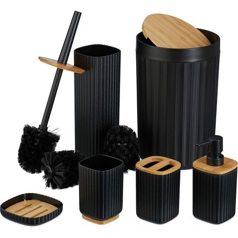 Relaxdays Bathroom Accessories Set, 6-Piece, Plastic & Bamboo, Toilet Brush & Bin, Soap Dispenser, Holder, Black