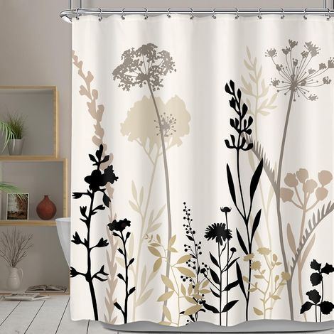 Rideau de Douche Beige crème 152,4 x 183,9 cm, Silhouette, Fleur, bohème, Rustique, bohème, Feuilles Sauvages, Plantes, botanique, Vintage, Ensemble de Salle de Bain avec 12 Crochets en (1/5)