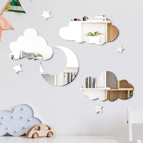 8 stickers muraux miroir argentés : nuages, lune et étoiles, à coller sur porte ou placard. Déco salon, chambre, bureau, couloir. (1/5)