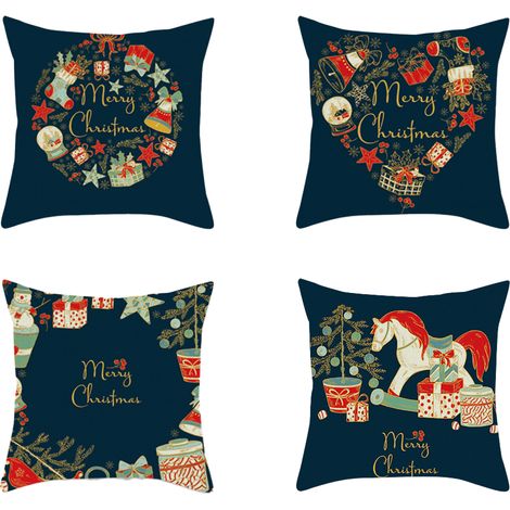 Taie D Oreiller De Noel - 45 X 45 Cm - Tissu Polyester Lin - Fermeture Eclair Cachee - Lot De 4 (1/5)