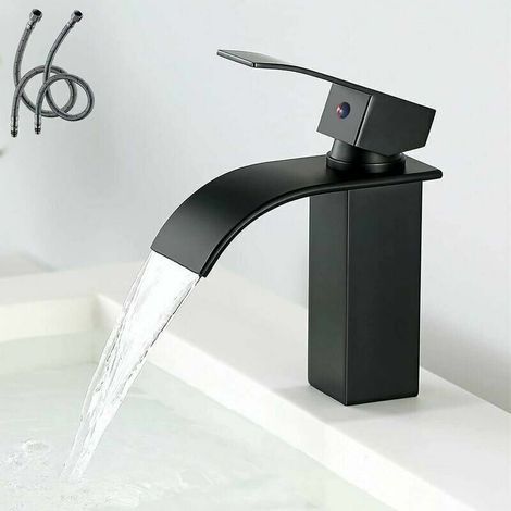 Robinet simple de lavabo Moderne Robinet Lavabo Noir Cascade, Design Elégant Robinet Salle de Bain, Mitigeur Salle de Bain en Laiton, Eau Chaude et Froide Disponible, Robinetterie Cascade Noir, (1/5)