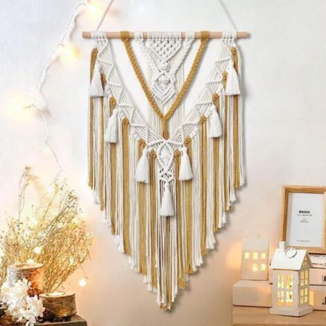 Boho-Makramee-Wandbehang mit geometrischem Muster, gewebt, beige und grau, aus Baumwolle, handgefertigt mit Quaste, für Schlafzimmer, Wohnzimmer, Wohnung, Kinderzimmer