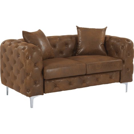 Canapé 2 places chesterfield en microfibre aspect cuir vieilli marron EDWINA (1/4)