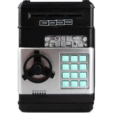 Hucha, juguete de regalo de cumpleaños, dispensador electrónico de billetes con dinero real, hucha grande de plástico, artículos infantiles adorables (negro + plata) (1/5)