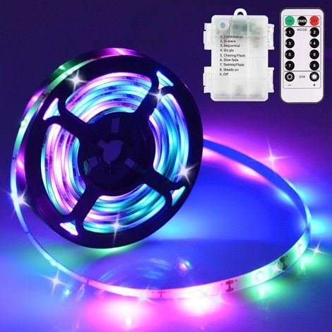 Tira de LED RGB de 3 m (9,8 pies), funciona con pilas, incluye mando a distancia, 8 modos de iluminación, temporizador, es autoadhesiva, recortable e impermeable. (1/5)