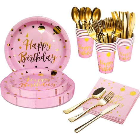 Set di posate da 175 pezzi per feste di compleanno per 25 persone, con forchette, coltelli e cucchiai riutilizzabili (rosa) (1/5)