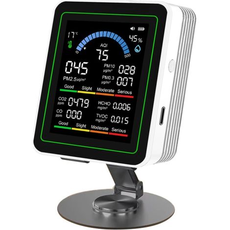 10-in-1 Klimaanlagen-Tester: 2,8-Zoll-TFT-Farbbildschirm, Anzeige von PM2,5/PM10/PM0,3/HCHO/TVOC/CO₂/CO/AIQ/Temperatur/Luftfeuchtigkeit, integrierter 2000-mAh-Akku
