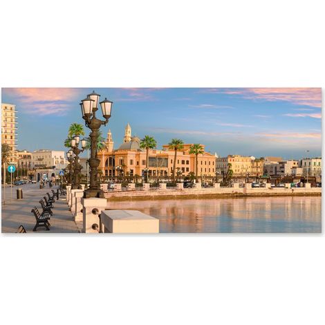 Lupia - Quadro moderno su Tela Canvas DEEP 65X143 cm, con paesaggi e localismi italiani, per casa, soggiorno, capezzale camera da letto, hotel, ufficio, PUGLIA-BARI LUNGOMARE (1/4)