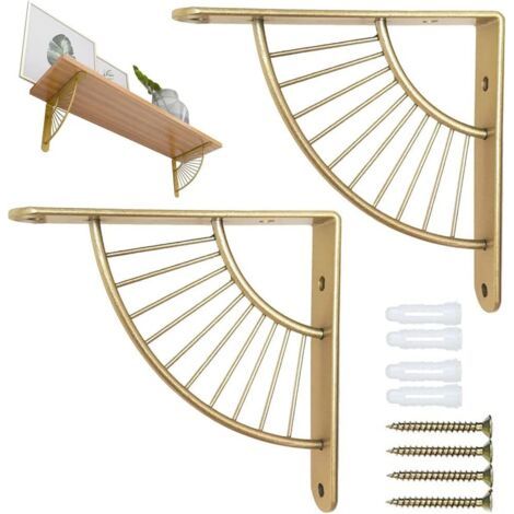 RHG Lot de 2 supports d'étagère murale, support de console en acier inoxydable de 20 cm, support d'étagère en métal, support triangulaire flottant, pour cuisine, chambre, bureau, doré (1/5)