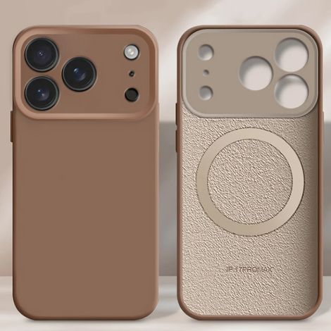Coque magnétique en silicone liquide marron pour iPhone 16 Pro Max, compatible avec la recharge sans fil MagSafe.