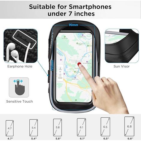 Support téléphone vélo étanche réfléchissant, sac guidon cadre VTT, support smartphone 360° rotatif, pochette tactile avec rangement pour mobiles jusqu'à 6,8 pouces (1/3)