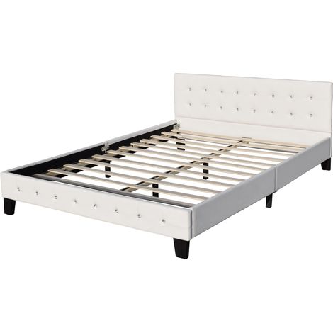 Lit 160x200 - Sommier avec Tête de Lit Capitonnée Blanc - Pieds de 10 cm - 13 Lattes - Revêtement PVC Simili - Montage Rapide - Confort Optimal - Design Élégant - LIT EMILIE BLANC