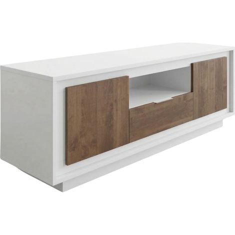 Meuble TV 2 portes 1 tiroirs 1 niche blanc laqué façades aspect bois finition Mercure piètement socle - AZONTO (1/4)