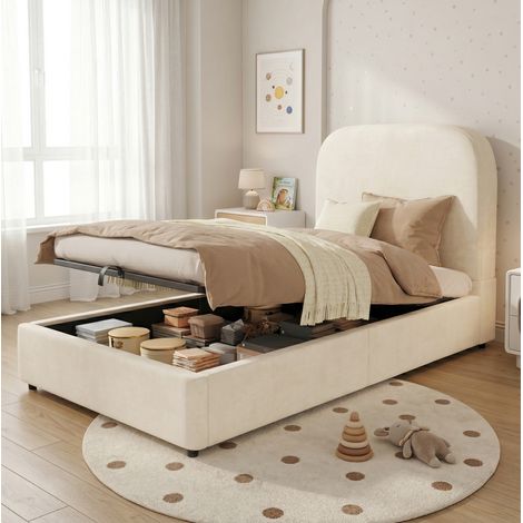 Cama individual tapizada moderna beige 90x190 cm con cabecero de terciopelo, somier de láminas y arcón hidráulico